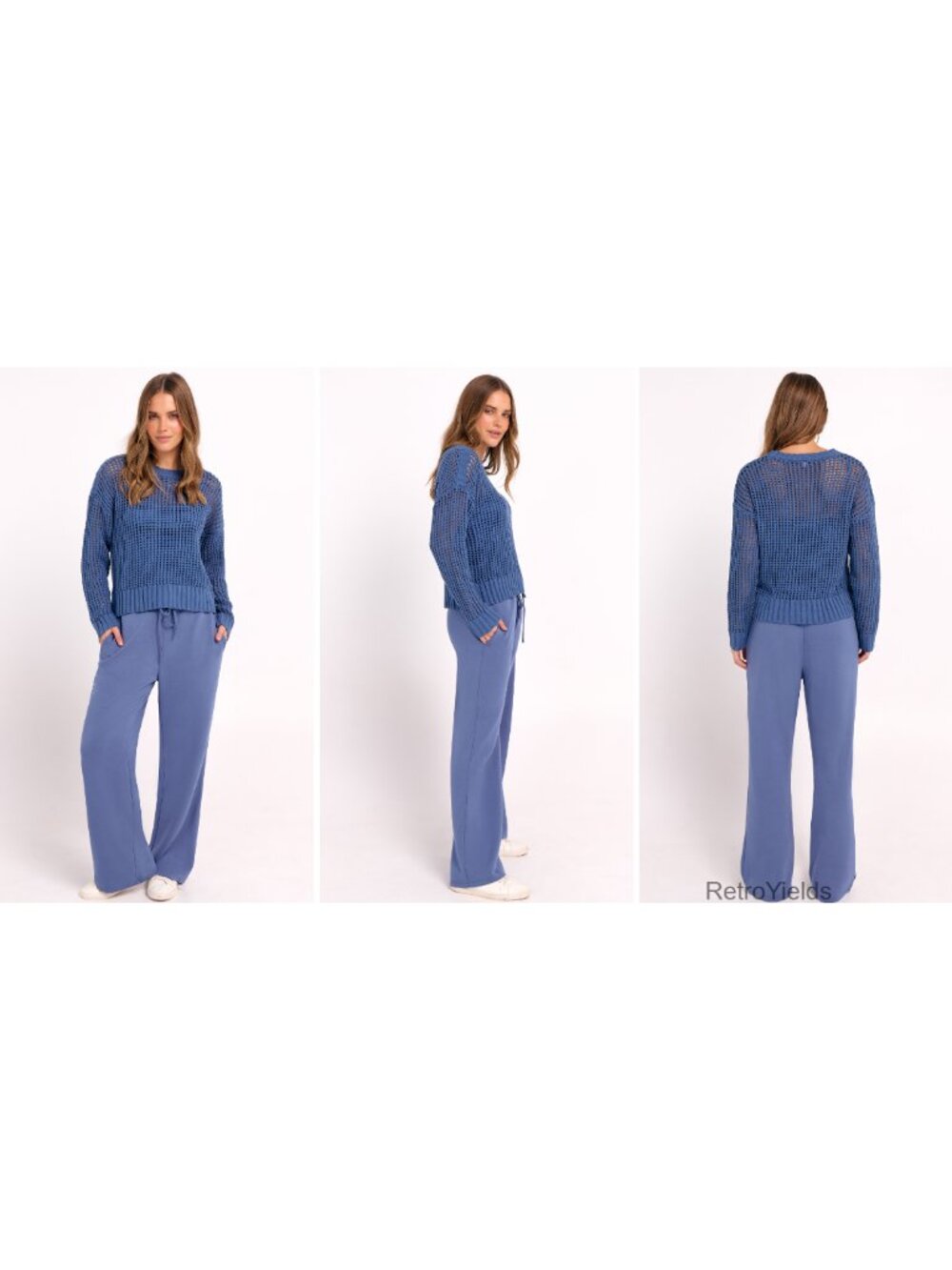 Crochet Sheer Knit Two Piece Lounge Set Wide Leg Pants Sweatsuit - Picture 6 of 6